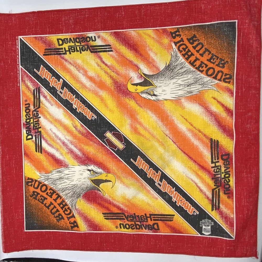 Vintage Harley Davidson Eagle Black Red Orange Bandana USA Righteous Ruler - Picture 3 of 6